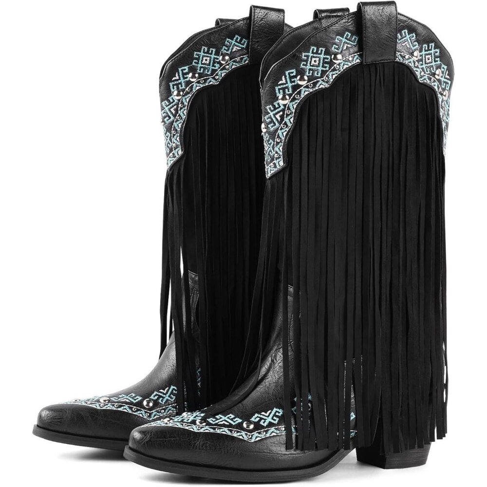 Women's Black Fringe Faux Fur Boot For Knee High Furry Heel Fashion Pointed Toe